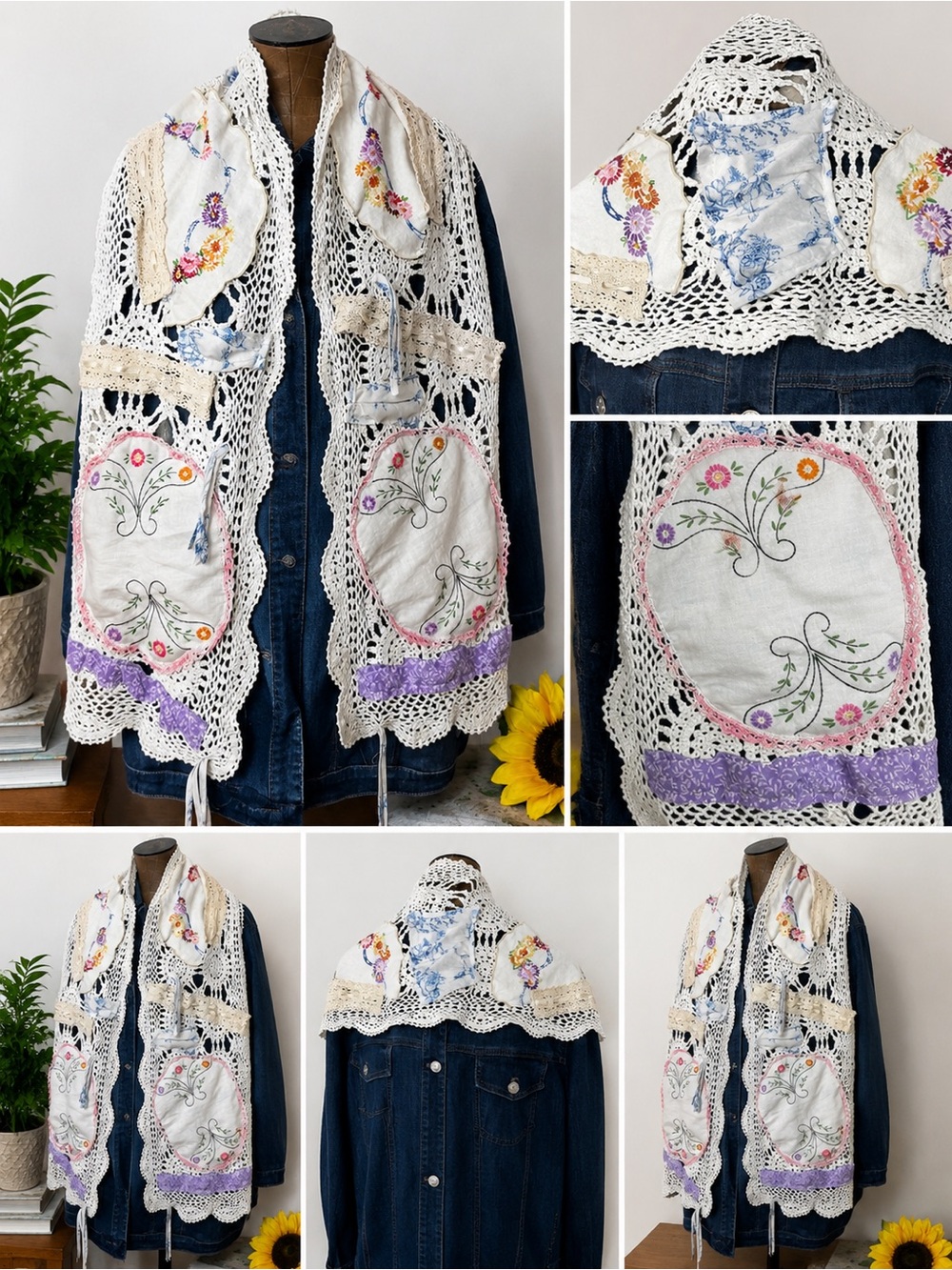 One-of-a-Kind Upcycled Boho Crochet Lace Shawl Scarf Cottagecore Handmade